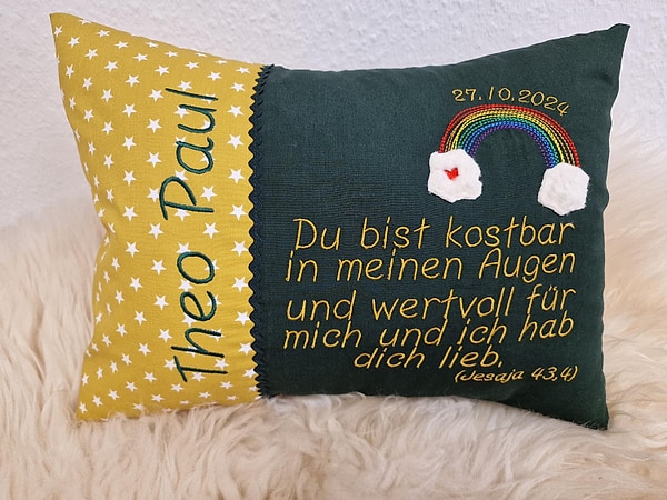 Taufkissen Kissen Taufspruch Spruch Regenbogen Sterne senf dunkelgrün & Wunschnamen W1516