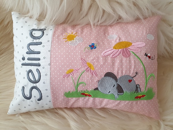 Kissen Elefant unter der Blume weiß rosa Punkte & Wunschnamen W848