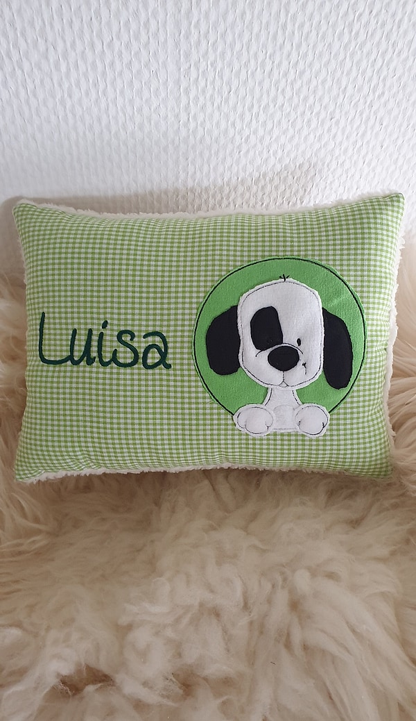 Kissen Taufkissen Hund Wauzi Kreis grün Karo & Wunschnamen W1283
