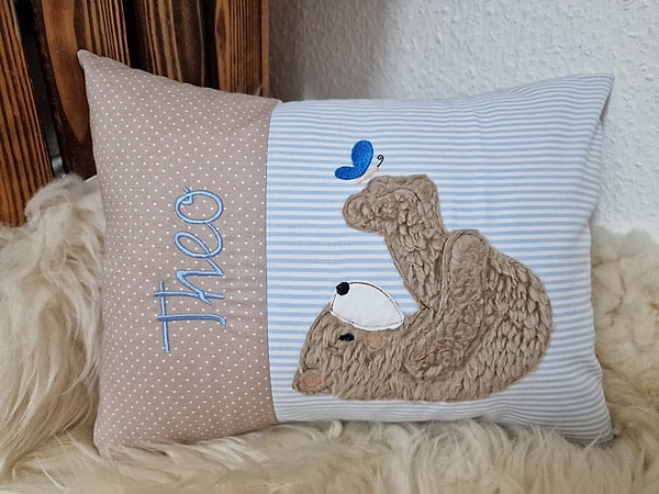 Kissen Taufkissen Bär Teddy Schmetterling Punkte hellbeige Streifen hellblau 2tl & Wunschnamen W802