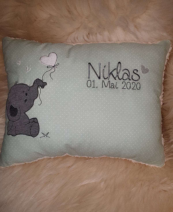 Kissen Taufkissen Elefant mit Herz Punkte mint & Wunschnamen W798