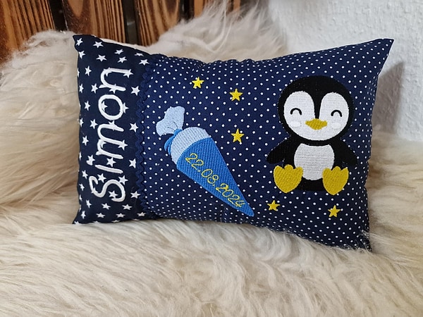 Kissen Schultüte Pinguin Einschulung dunkelblau & Wunschnamen W738