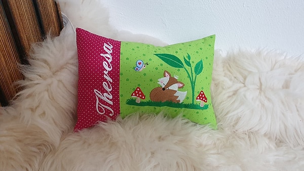 Kissen Fuchs Punkte pink Blümchen grün & Wunschnamen W1216