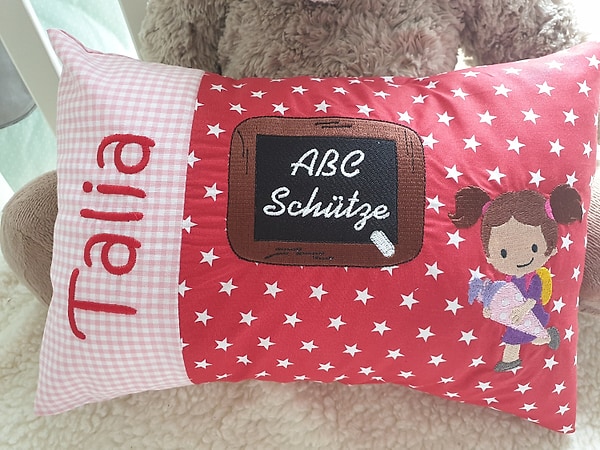 Kissen Einschulung Schule Mädchen Karo rosa Sterne rot & Wunschnamen W897