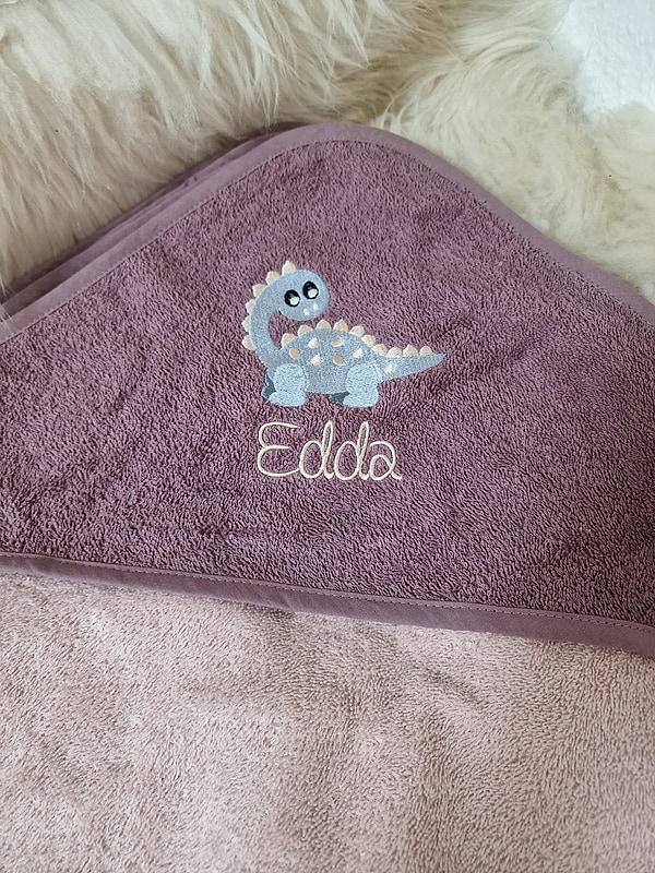 Babybadetuch Kapuzenhandtuch Dino Dinosaurier mauve & Wunschname W521