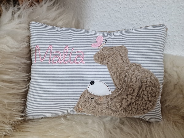 Kissen Taufkissen Bär Teddy Schmetterling Streifen grau rosa Schrift & Wunschnamen W819