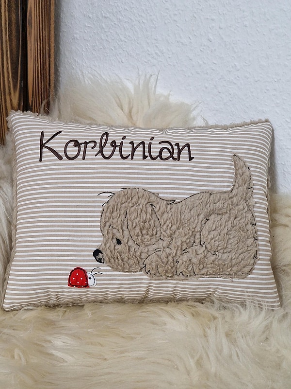 Kissen Taufkissen Hund Marienkäfer Streifen beige dunkelbrauen Schrift & Wunschnamen W1582