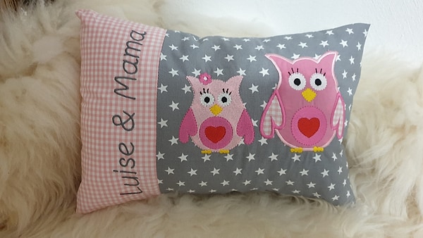 Kissen 2 Eulen rosa Karo graue Sterne & Wunschnamen W1065