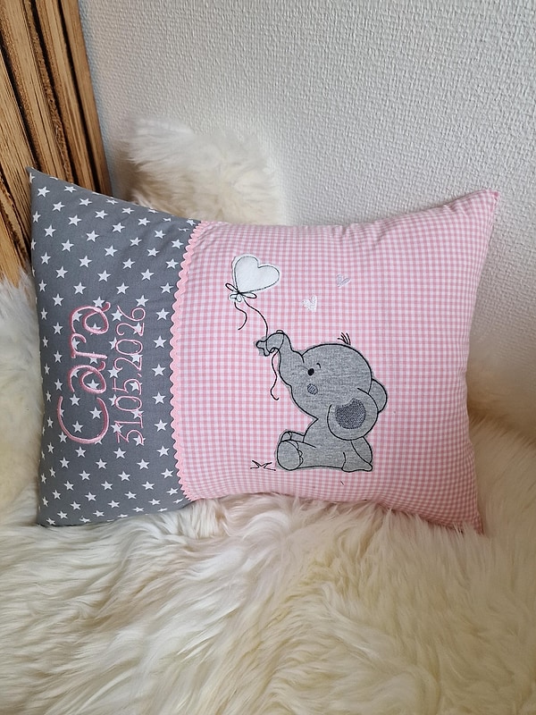 Kissen Elefant Herz Sterne grau rosa Karo & Wunschnamen W1888