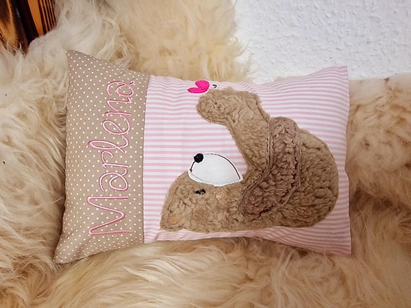 Kissen Taufkissen Bär Teddy Schmetterling Punkte hellbeige Streifen rosa 2tl & Wunschnamen W818
