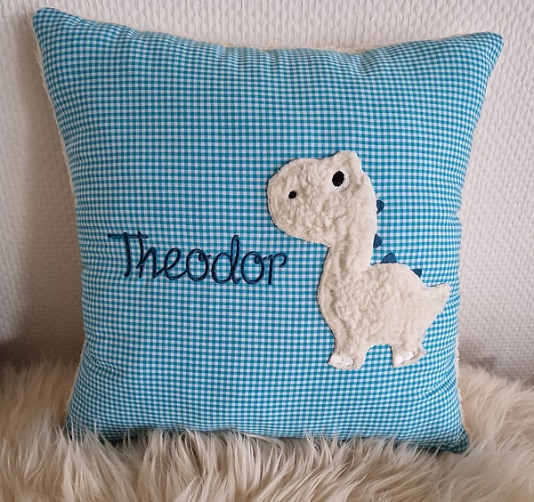 Kissen Taufkissen Dino Dinosaurier türkis kariert & Wunschnamen W1375