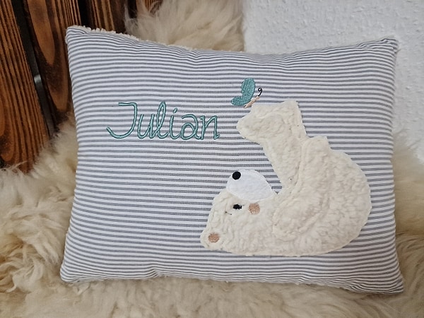 Kissen Taufkissen Bär Teddy Eisbär Schmetterling Streifen grau mint III & Wunschnamen W829