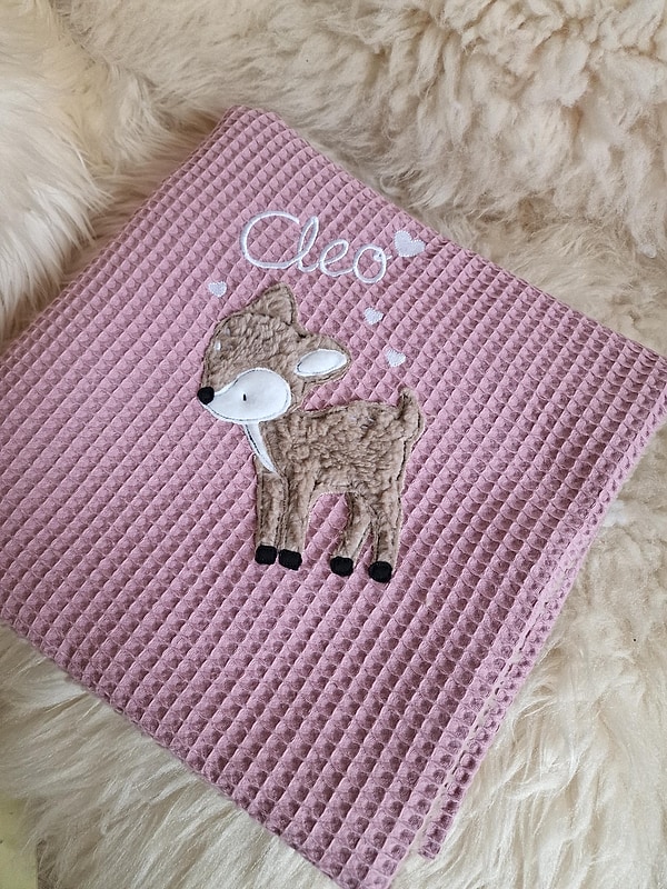 Babydecke Decke Kuscheldecke Reh Waffel Waffelpique altrosa & Wunschnamen W1777