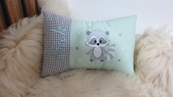 Kissen Schmusekissen Waschbär grau mint #1& Wunschnamen W895