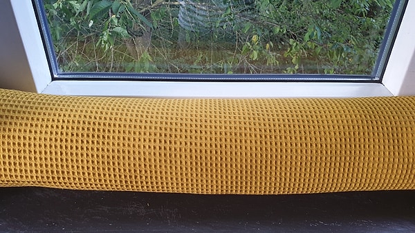 Zugluftkissen Zugluftstopper Zugluftschlange Zugluftdackel Waffelpique senfgelb W16