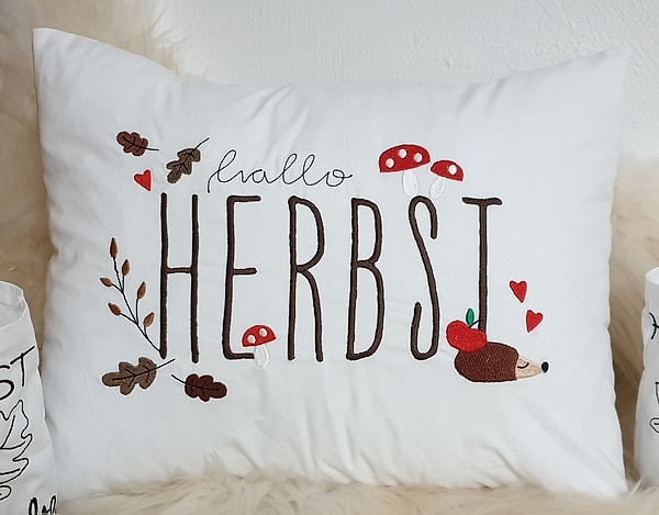 Kissen Herbst Herbstliebe Hallo Herbst Blätter Igel Pilze weiß W1253