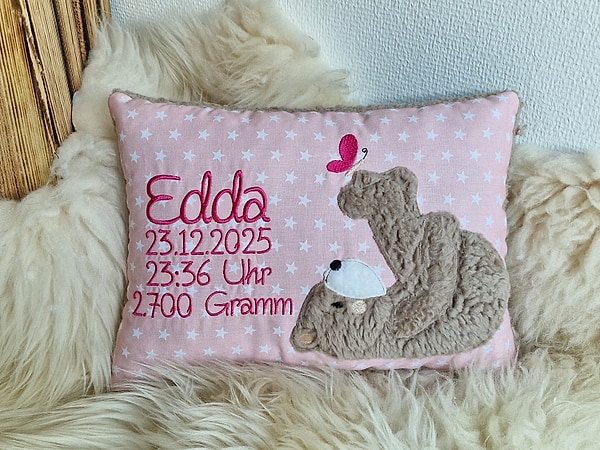 Kissen Taufkissen Bär Teddy Schmetterling Sterne rosa & Wunschnamen W1788