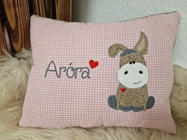 Kissen Taufkissen Esel Herzchen & Wunschnamen rosa Karo W1187