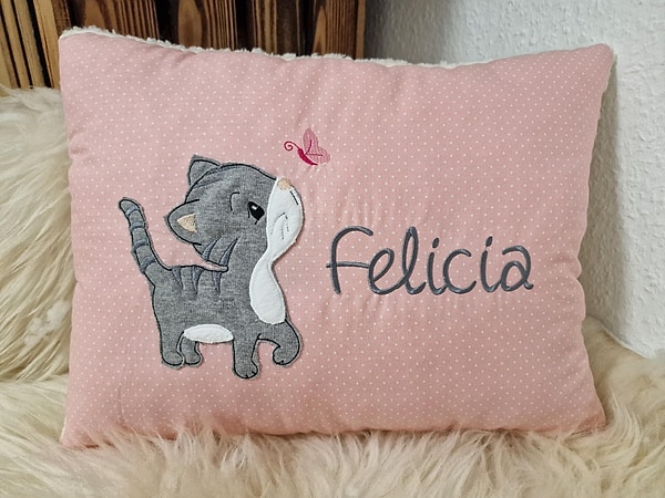 Kissen Taufkissen Katze rosa Punkte & Wunschnamen W1489