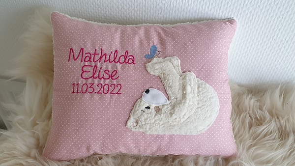 Kissen Taufkissen Eisbär Teddy Schmetterling rosa Punkte & Wunschnamen W891