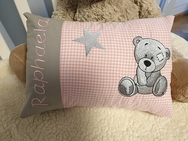 Kissen Bär Teddy uni grau Karo rosa & Wunschnamen W1205