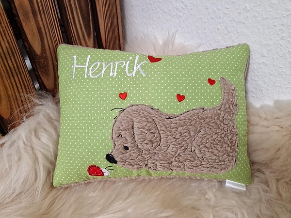 Kissen Taufkissen Hund Marienkäfer Punkte grün & Wunschnamen W1666