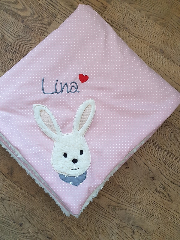 Babydecke Decke Kuscheldecke Hase Häschen Karo rosa & Wunschnamen W45