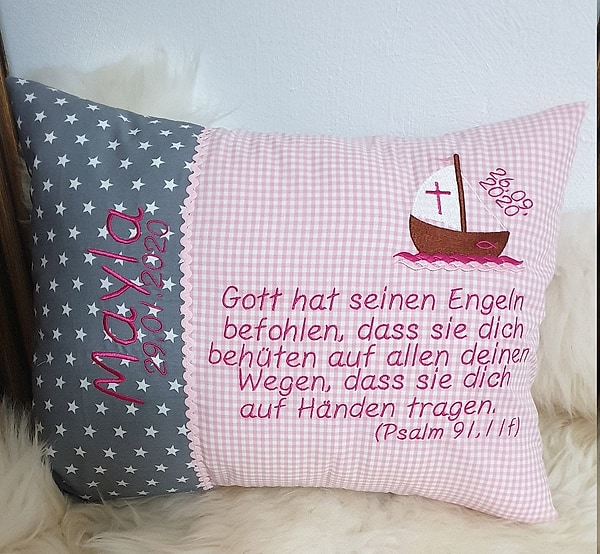 Taufkissen Kissen Taufspruch Spruch Boot Sterne grau Karo rosa & Wunschnamen W1039