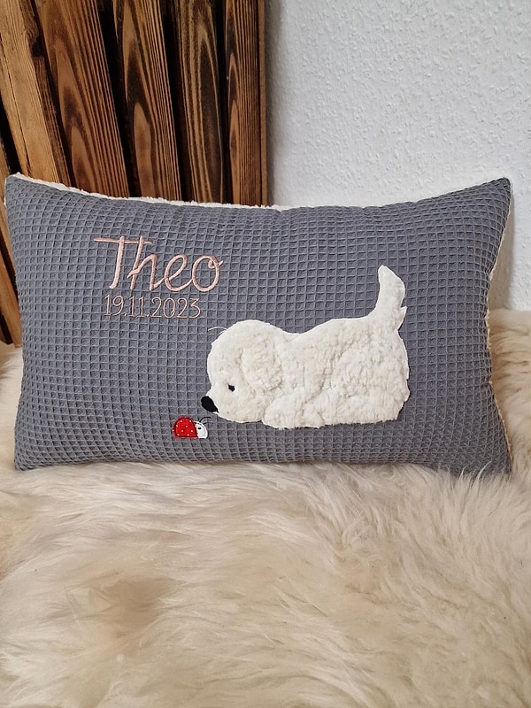 Kissen Taufkissen Hund Marienkäfer grau Waffel & Wunschnamen W1659