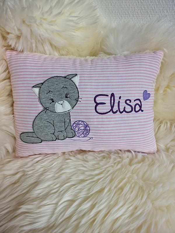 Kissen Katze Kätzchen Wollknäuel rosa Streifen& Wunschnamen W1823