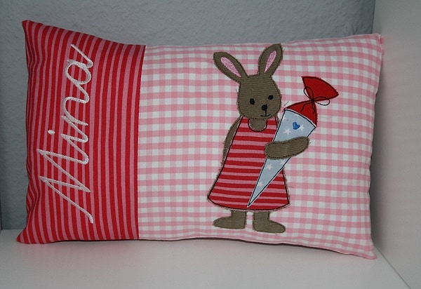 Kissen Einschulung Schule Hase Schultüte rosa & Wunschnamen W1379
