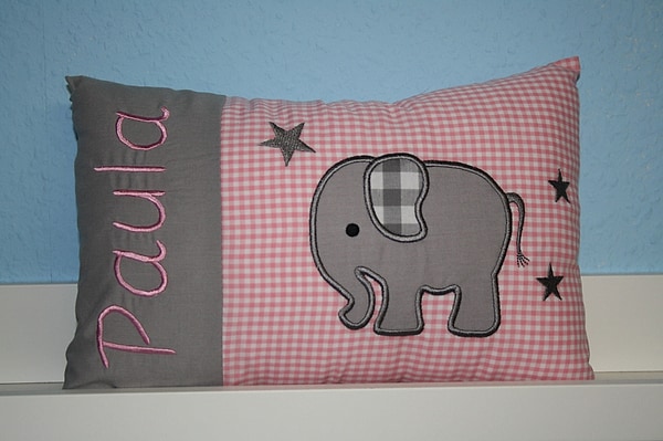 Kissen Elefant uni grau Karo rosa & Wunschnamen W750