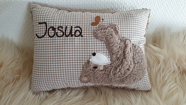 Kissen Taufkissen Bär Teddy Schmetterling beige Karo & Wunschnamen W736