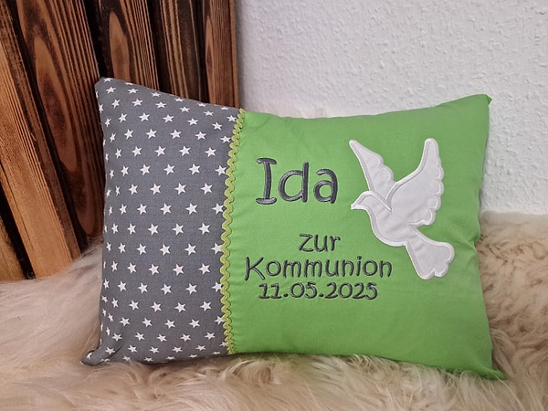 Kissen Kommunion Taube graue Sterne grün uni & Wunschnamen W1550