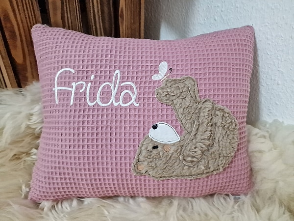 Kissen Taufkissen Bär Teddy Schmetterling altrosa Waffel & Wunschnamen W797