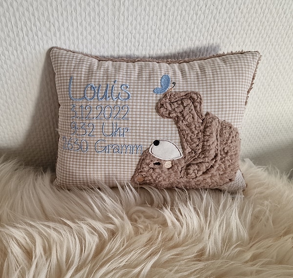 Kissen Taufkissen Bär Teddy Schmetterling beige Karo & Wunschnamen W719