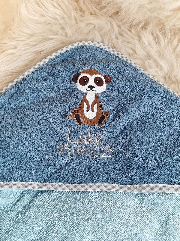 Babybadetuch Kapuzenhandtuch Erdmännchen petrol & Wunschname W1754