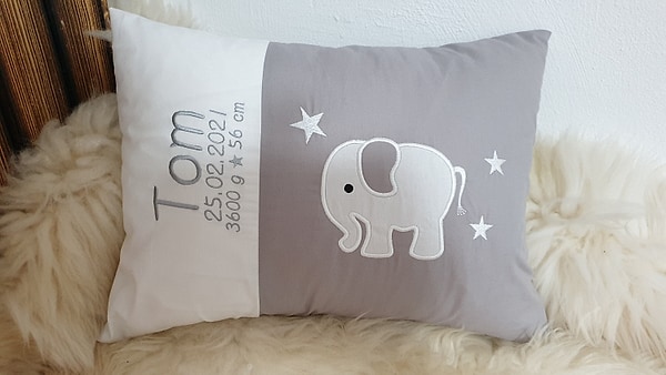Kissen Elefant weiß grau & Wunschnamen W1143