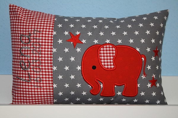Kissen Elefant Karo rot Sterne grau & Wunschnamen W917
