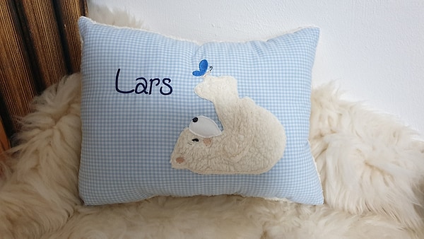 Kissen Taufkissen Eisbär Bär Teddy Schmetterling blau Karo & Wunschnamen W982