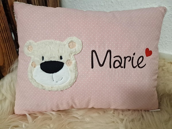 Kissen Taufkissen Bär Teddy Gesicht rosa Punkte & Wunschnamen W1744