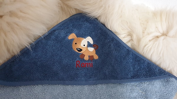 Babybadetuch Kapuzenhandtuch Hund  stahl-dunkelblau & Wunschname W439