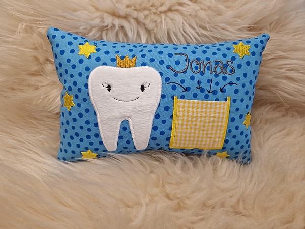 Kissen Zahnfeekissen Zahnfee Milchzahn Fee Dots blau & Wunschnamen W1691