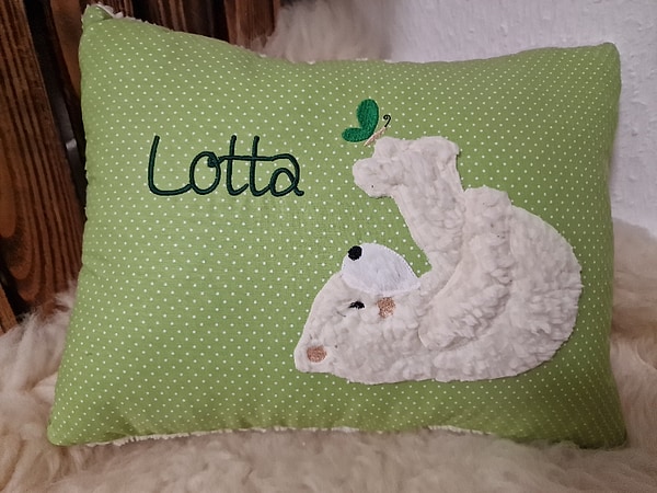 Kissen Taufkissen Bär Teddy Eisbär Schmetterling grüne Punkte & Wunschnamen W955