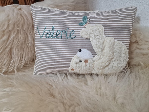 Kissen Taufkissen Bär Teddy Schmetterling Streifen beige Schrift mint & Wunschnamen (30 cm x 40 cm) W743