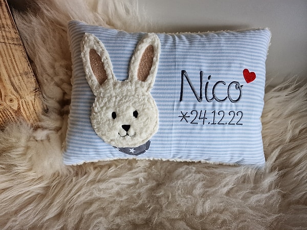 Kissen Taufkissen Hase Häschen Streifen hellblau & Wunschnamen W1113